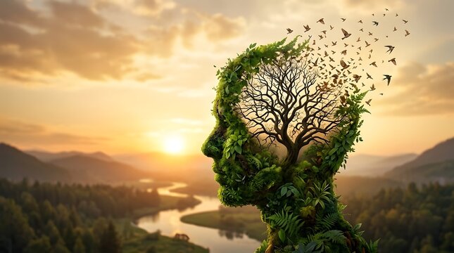 A conceptual image of a human head silhouette formed by green leaves and a tree against a sunset background