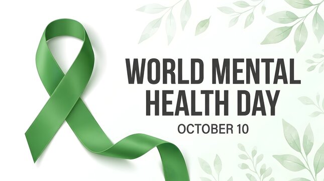 World mental health day banner featuring a green awareness ribbon on a white background with decorative leaf pattern elements