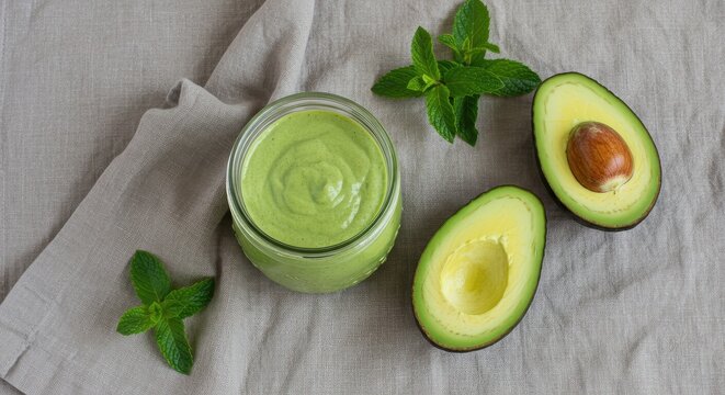 Fresh green avocado smoothie with whole avocado halves on neutral cloth