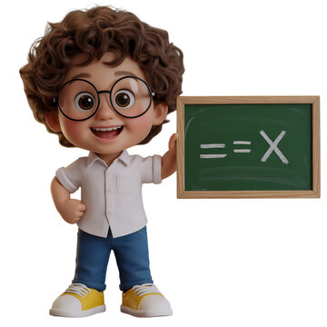 Cartoon scientist teaching math equation on blackboard isolated on transparent background