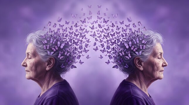Conceptual image of an elderly woman facing herself with hair dissolving into small particles representing memory loss and dementia
