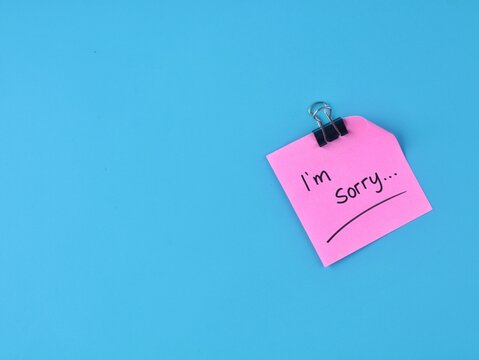 Handwritten I'm sorry message on pink adhesive note clipped with binder clip on blue background. Concept for apology, regret, forgiveness, office communication, feeling guilty, and relationship issue