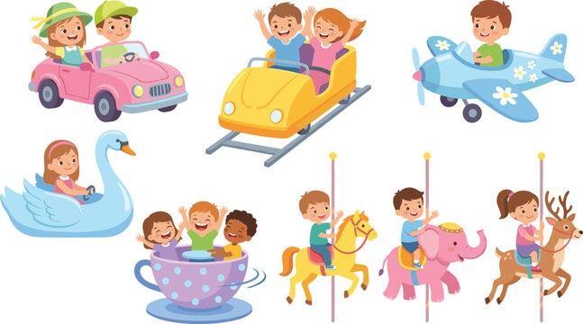Cute cartoon kids enjoying amusement park rides collection featuring roller coaster, carousel animals, spinning teacup, bumper car, airplane, and swan boat vector illustration.