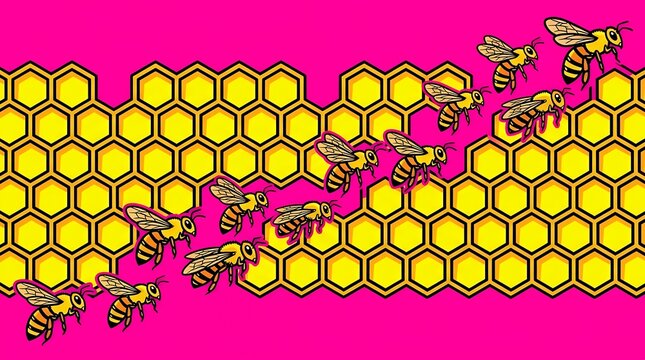 Pop Art Line of Flying Honey Bee and Honeycomb Hexagon Cells Isolated on Vibrant Color Background bee honeycomb pop art line illustration honey cells honeybee insect flying wings sweet natural food