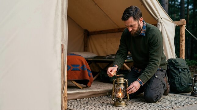Man lighting vintage lantern at tent entrance. Outdoorsman camping during glamping retreat in nature