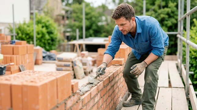 Male bricklayer smoothing mortar with a trowel on a brick wall. Construction worker building a house structure on scaffolding