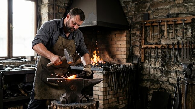 Male blacksmith striking heated metal on an anvil in a workshop. Skilled artisan forging iron with a hammer at a traditional forge
