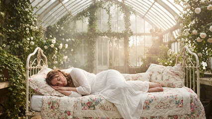 Naklejka premium Woman in White Dress Sleeping on Vintage Bed Inside Botanical Greenhouse