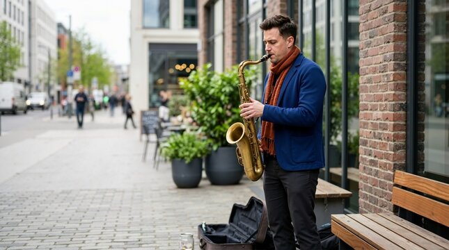 Male saxophonist playing saxophone on urban city street. Street musician busking outside brick building with open instrument case