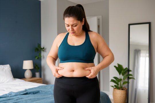 Woman pinching excess belly fat in bedroom. Female holding stomach skin fold during weight loss check