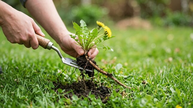 Hands using a weeding tool to pull a dandelion root from green lawn. Removing weeds with fork tool in a garden. Lawn maintenance and gardening concept