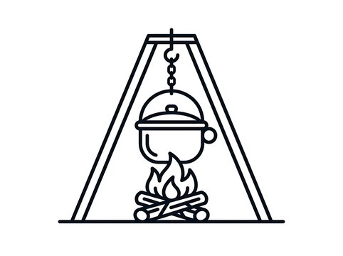 Campfire cooking pot hanging over flames in a tripod stand