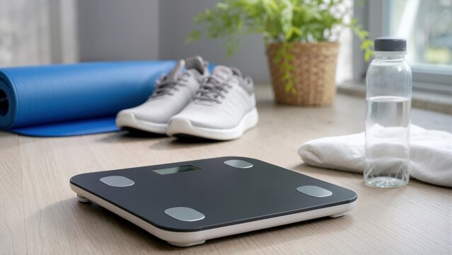 Digital body weight scale on wooden floor with athletic shoes and exercise equipment. Home weight loss and fitness tracking setup