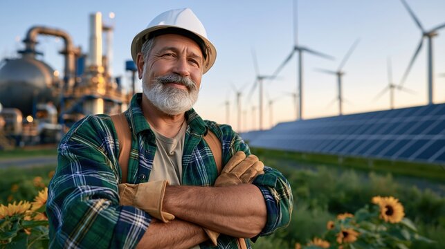 An engineer standing between a critical minerals processing plant and a field of wind turbines and solar panels, symbolizing the link between mining and clean energy