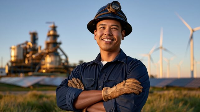 An engineer standing between a critical minerals processing plant and a field of wind turbines and solar panels, symbolizing the link between mining and clean energy