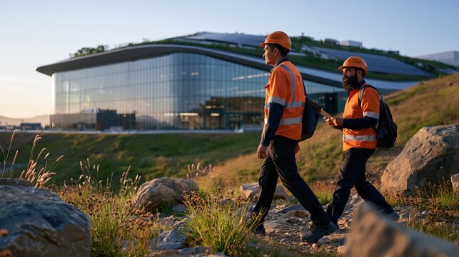 Two engineers in safety gear walking toward a sleek modern mineral processing plant with visible solar panels and greenery on the roof