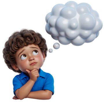 Thoughtful young boy with thinking bubble isolated on transparent background