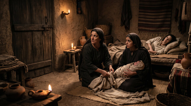 The brave Hebrew midwives, Shiphrah and Puah, secretly saving newborn Israelite baby boys from the wrath of the Pharaoh