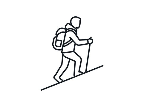 Person hiking uphill with backpack and trekking poles