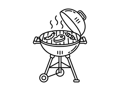 Simple barbecue grill with cooking meat and vegetables