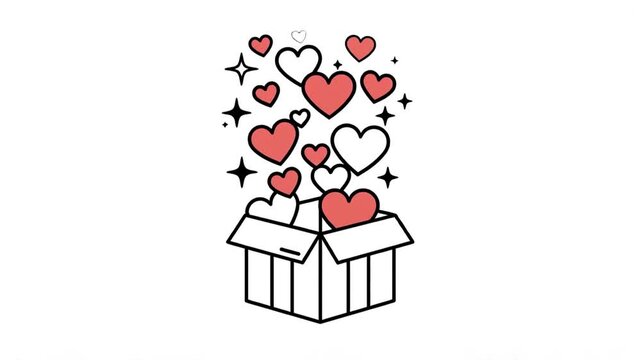 Minimal line art gift box animation reveals colorful hearts for Valentine, romance, greeting, and celebration content.