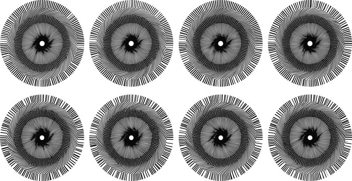 Abstract black geometric circular rosette vector set featuring complex line patterns moire effect optical illusions kaleidoscopic mandalas and sacred geometry round ornaments