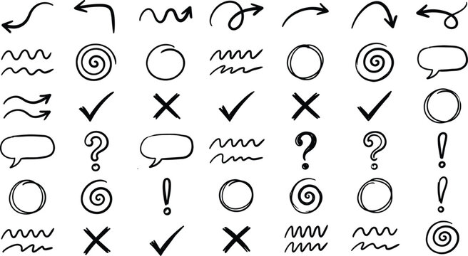 Hand drawn black doodle vector element icon set featuring arrows check marks question signs speech bubbles exclamation points circles and sketchy wavy lines