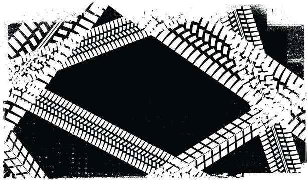 Vector Print Textured Tire Track banner. Design Element . Car tread silhouette . Mud splash grunge texture. Drift show
