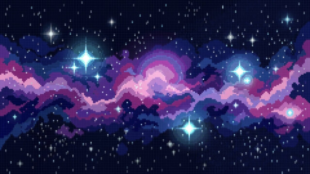 Pixel Art Cosmic Nebula with Glowing Stars, Cosmic Pixel Art Space Background with Colorful Nebula and Shining Stars