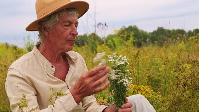 A man sits in a grassy field holding a bunch of white flowers. He inspects the herbs carefully. The day is cloudy and the area is filled with various plants