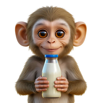 Cute baby monkey drinking milk from a bottle isolated on transparent background