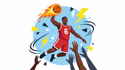 Basketball player in action dunking with fiery ball and dynamic background © Artify