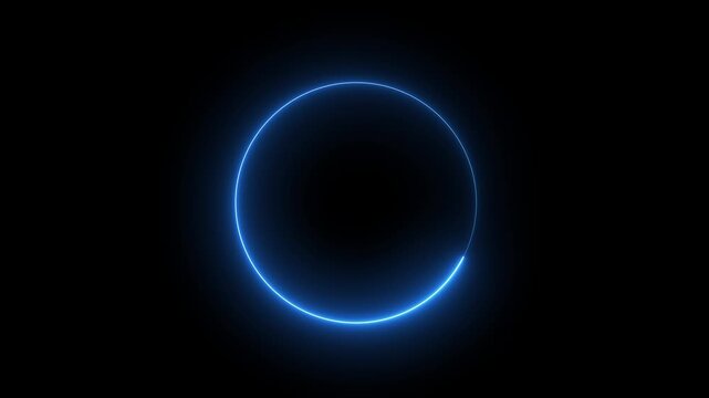 Blue neon light trail circle on black background. Round circle picture frame with two tone neon color shade motion graphic. Animated glowing neon