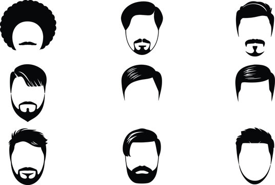 Men hairstyle and beard vector icon set featuring diverse male haircuts and facial hair silhouettes for barbershop design