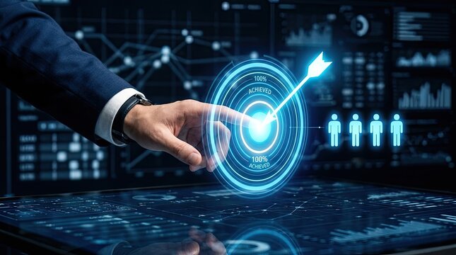 Businessman touching a digital target icon on a futuristic holographic interface for business strategy and marketing success