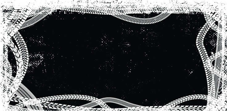 Vector Print Textured Tire Track banner. Design Element . Car tread silhouette . Mud splash grunge texture. Drift show
