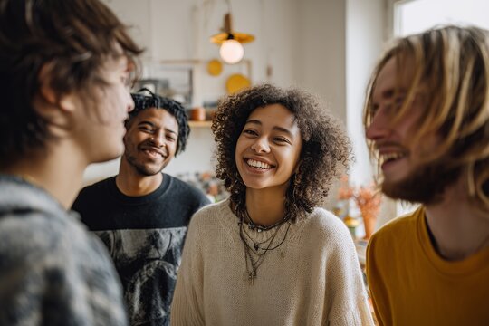 Group of Diverse Young Friends Smiling and Talking Indoors