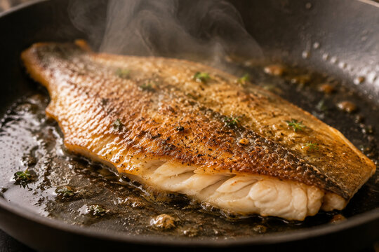 Cooked fish fillet in a frying pan, crispy golden skin and flaky white flesh.