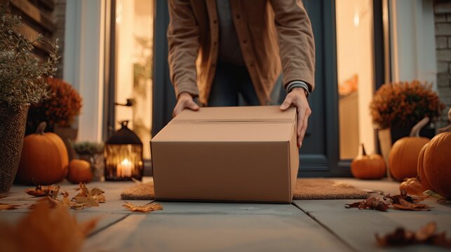 Delivery Service Person Leaving Cardboard Package at House Doorstep in Fall