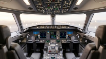 Fototapeta premium Airplane cockpit interior view looking out onto a runway during approach. The flight deck controls and screens are visible in soft focus with a blurred view of the landing strip ahead.