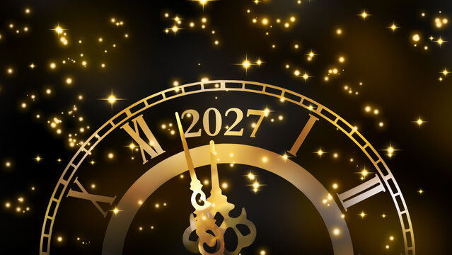 golden happy new year 2027 countdown clock with glittering sparks isolated on black midnight background, abstract greeting card concept for new years eve party