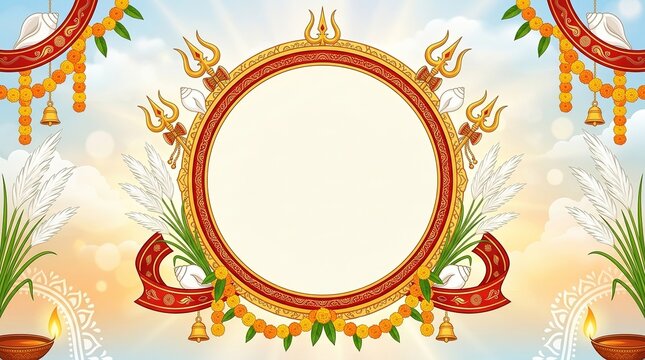 Durga Puja Decorative Circular Frame Border Trishul Shankh Kash Phool Garland Vector Illustration.