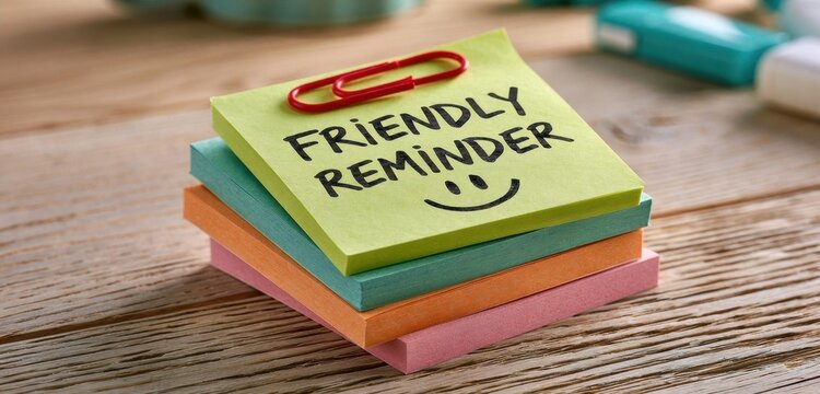 Lime green sticky note with friendly reminder text clipped on a stack of colorful notes