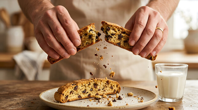 A person's hands breaking a chocolate chip biscotti cookie in half over a plate with a glass of milk.