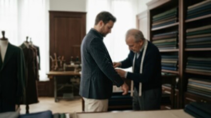 Fototapeta premium Tailor measures a customer for a custom suit in a traditional workshop. The professional craftsman uses a measuring tape to ensure a precise fit for the jacket in the studio.
