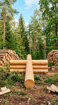 Forestry work with stacked logs and felled trees in a woodland setting.