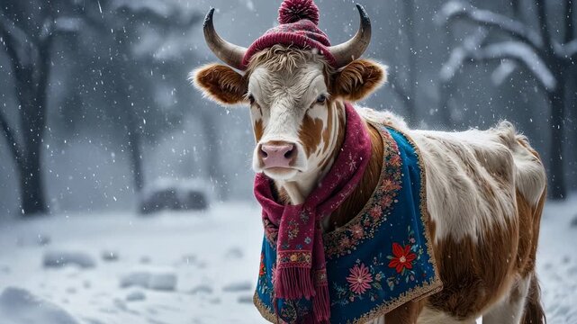 Cow portrait in knitted winter clothes hat and scarf, animal in snowfall in winter AI Generative
