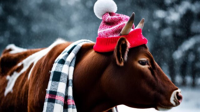 Cow portrait in knitted winter clothes hat and scarf, animal in snowfall in winter AI Generative
