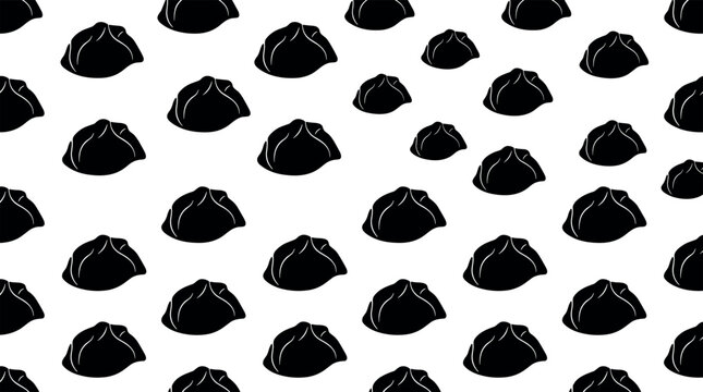 Seamless pattern of black dumpling dim sum momo gyoza vector icons for Asian restaurant food menu background wrapping paper textile backdrop