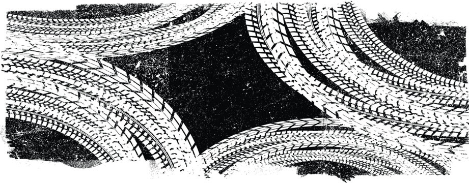 Vector Print Textured Tire Track banner. Design Element . Car tread silhouette . Mud splash grunge texture. Drift show
